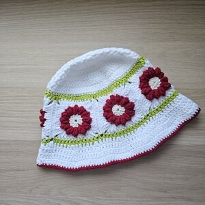 Handmade Floral Kids Hat - White, Red, Green